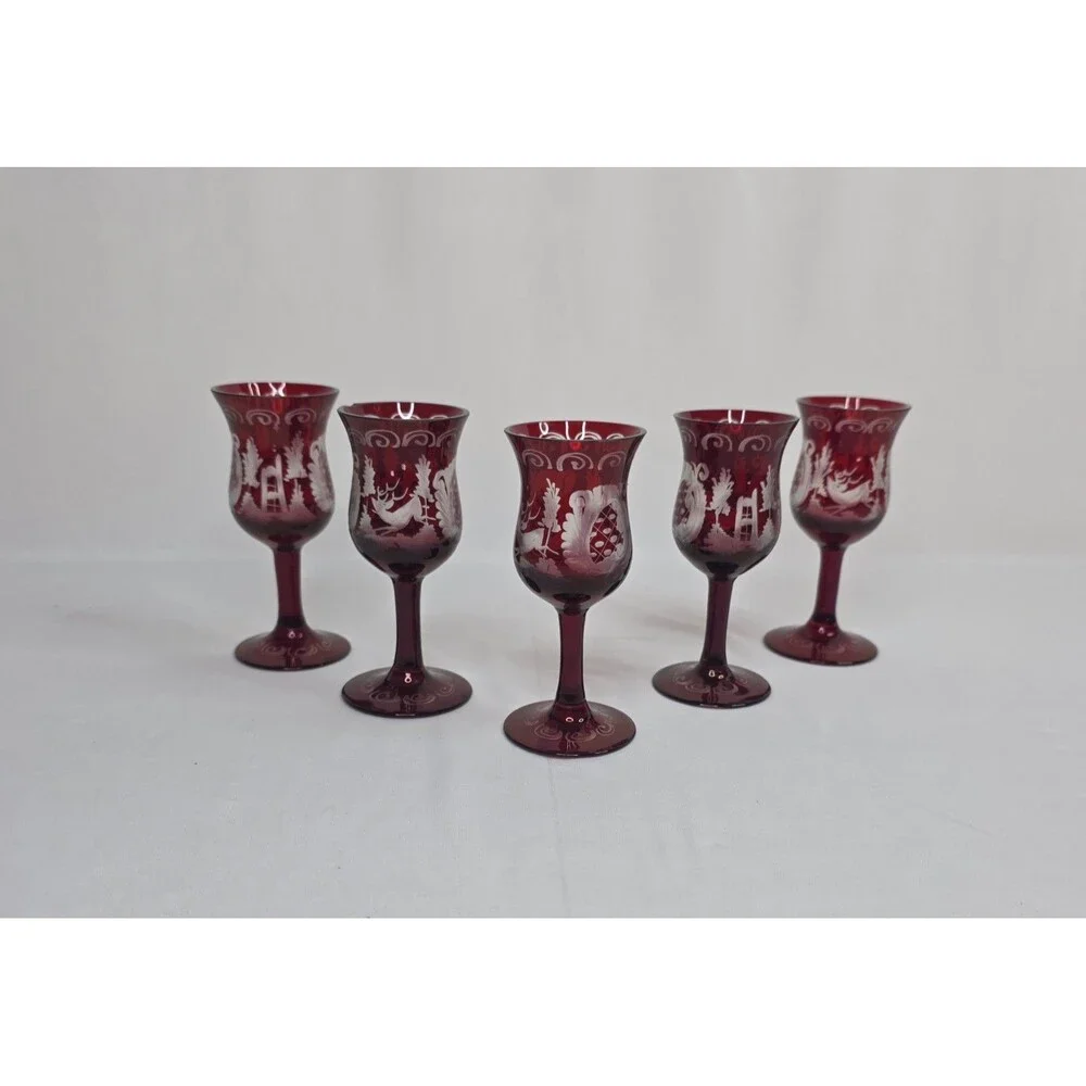 Vintage Egermann Bohemian Ruby Red Etched Cordial Glasses | Set of 5 | Cut Clear